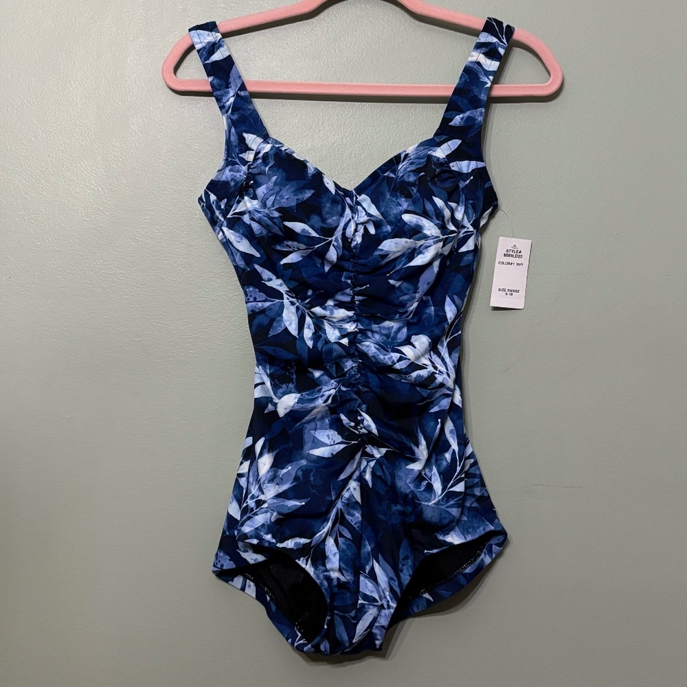 Maxine of Hollywood One Piece Shirred Front Girl Leg - Size 6 - Navy Floral‎